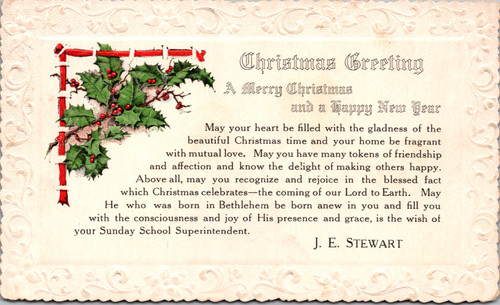 Embossed Religious Christmas Card Sunday School Greeting Holly Scripture