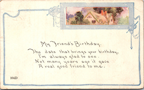 My Friends Birthday Cottage Scene Blue Border Verse