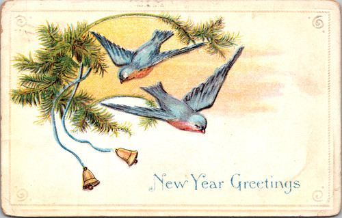 New Year Greetings Bluebirds Pine Bells 1919