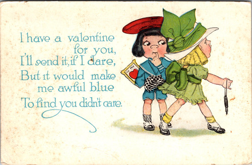 Boy in blue suit has valentine for girl in Green Dress Boy in blue suit has valentine for girl in Green Dress