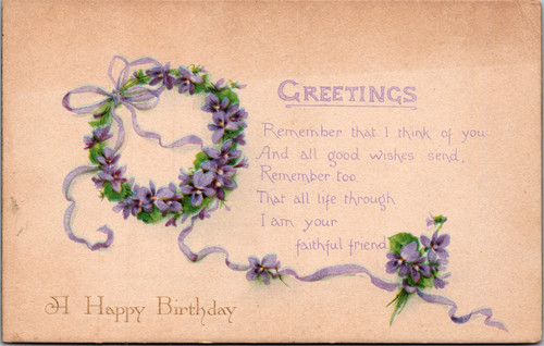 Happy Birthday Greetings purple wreath flowers ribbon