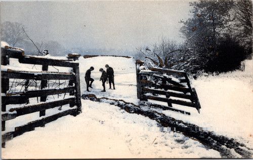 Winter scene boys playing in snow beyond fence - glitter