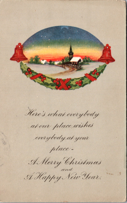 Merry Christmas Happy New Year sunset village scene