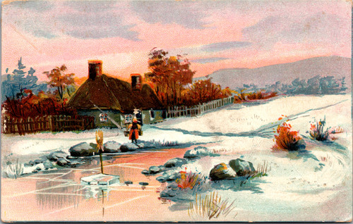 Winter Homestead Scene – Woman Carrying Water Near Frozen Stream at Sunset Winter Homestead Scene – Woman Carrying Water Near Frozen Stream at Sunset