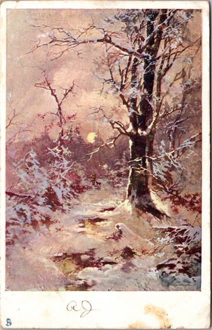 snow scene, very distant man & dog distant on path to left of large tree, central sun snow scene, very distant man & dog distant on path to left of large tree, central sun