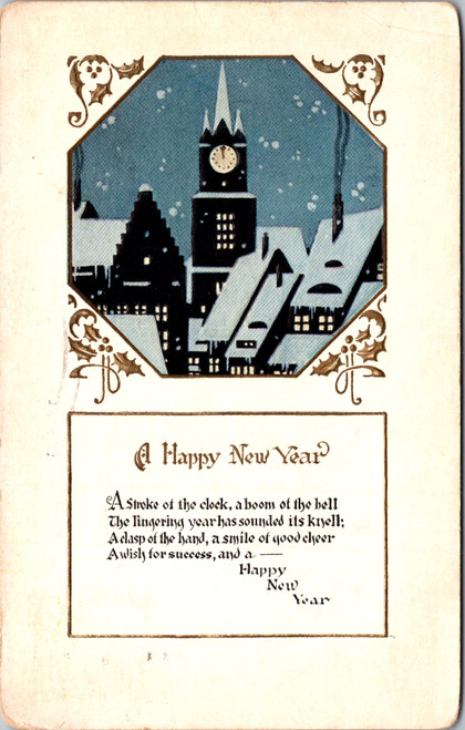 New Year Clock Tower Snowy Village Scene