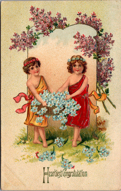Heartiest Congratulation  Embossed Children w/ Basket of Forget-me-nots Heartiest Congratulation  Embossed Children w/ Basket of Forget-me-nots