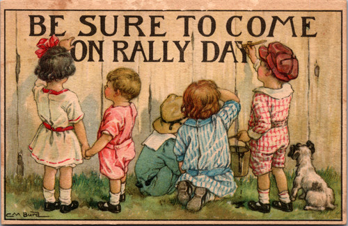 Be Sure to Come on Rally Day  Children Painting Sign Be Sure to Come on Rally Day  Children Painting Sign