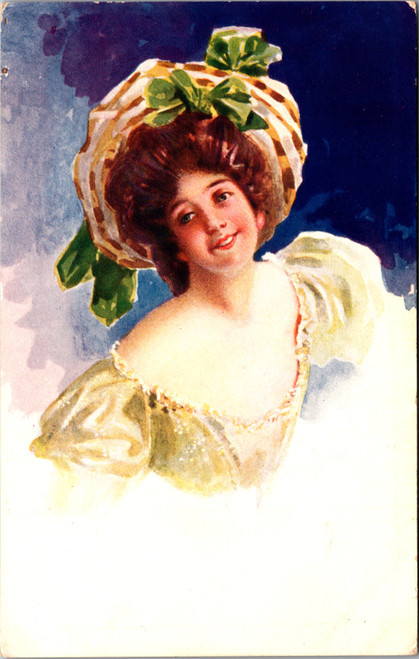 Edwardian Glamour Lady Postcard  Large Hat with Green Ribbon