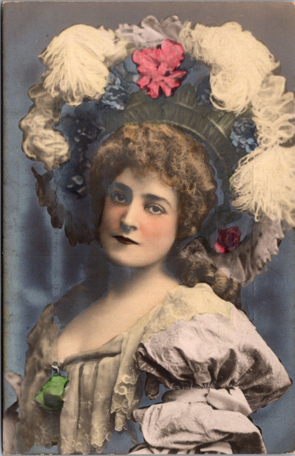 Tinted Portrait of Actress in Feathered Hat and Lace Gown
