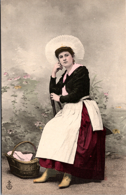 Hand Tinted French Woman in Regional Costume with Basket