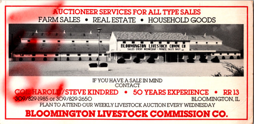 Bloomington Livestock Commission Co Auction Card Bloomington Livestock Commission Co Auction Card