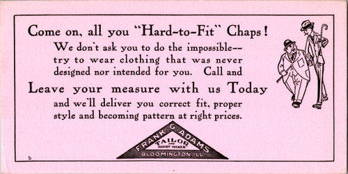 Frank G. Adams Tailor Bloomington IL Vintage 4x8 Advertising Ink Blotter Hard to Fit Frank G. Adams Tailor Bloomington IL Vintage 4x8 Advertising Ink Blotter Hard to Fit