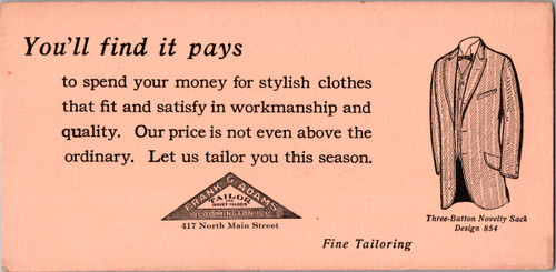 Frank G. Adams Tailor Bloomington IL Vintage 4x8 Advertising Ink Blotter Frank G. Adams Tailor Bloomington IL Vintage 4x8 Advertising Ink Blotter
