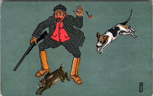 Hunter surprised by rabbit and dog