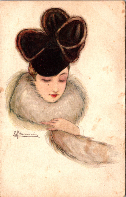 Art Nouveau Lady Giant Bow Hat Fur Stole signed G. Maurini(?) Art Nouveau Lady Giant Bow Hat Fur Stole signed G. Maurini(?)