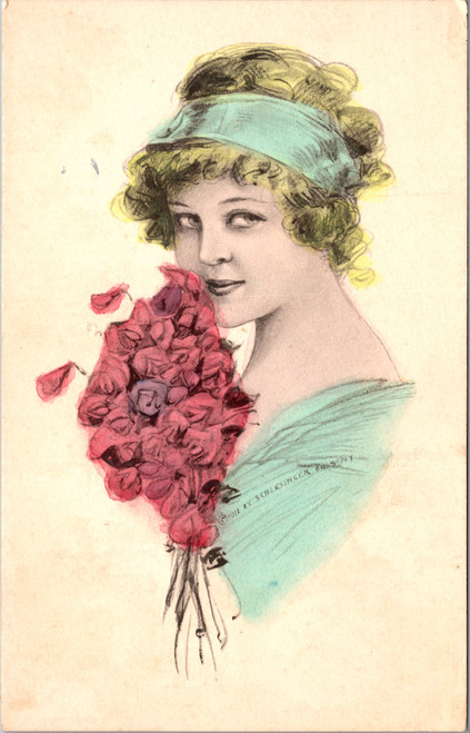 Glamour Lady with roses and teal hair ribbon  Schlesinger Bros. Glamour Lady with roses and teal hair ribbon  Schlesinger Bros.