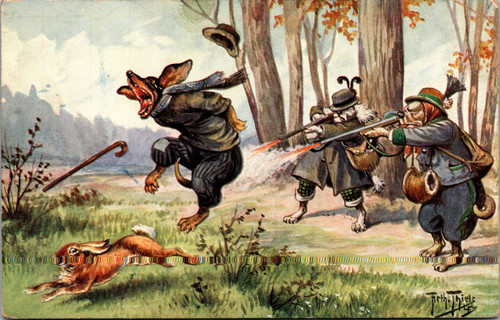 Arthur Thiele Comic  Hunting Dogs Shooting Rabbit Anthropomorphic