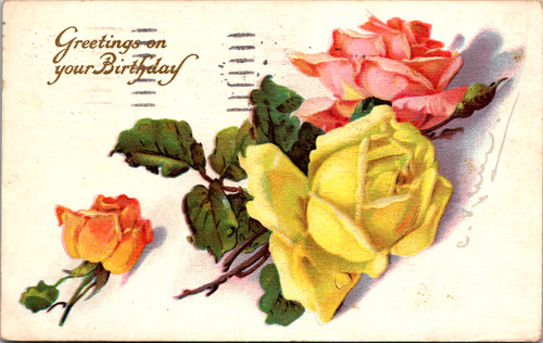 Greetings on your birthday yellow pink orange rose