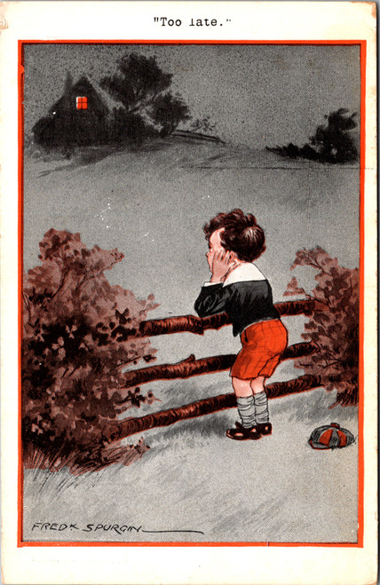 Quaint Kid Series - Too Late -- boy resting on fence looking at house Quaint Kid Series - Too Late -- boy resting on fence looking at house