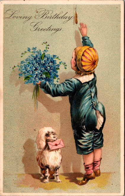 Loving Birthday Greetings boy with dog reaching for bell