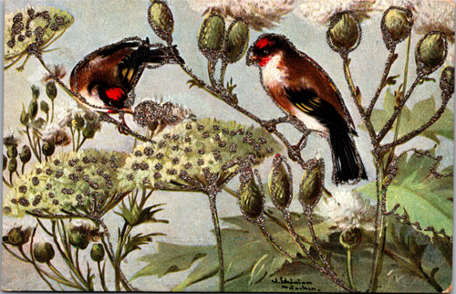 European Goldfinch on Thistle  - glitter