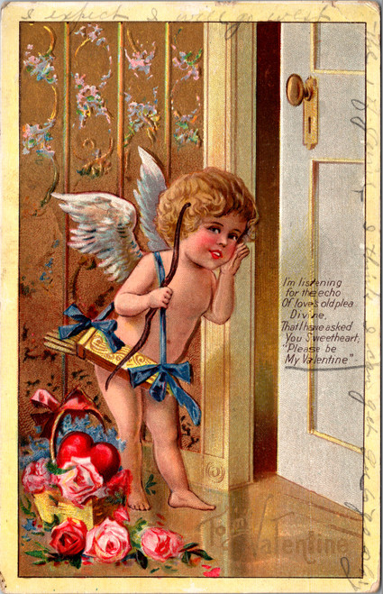 Cupid with flowers eavesdropping at door
