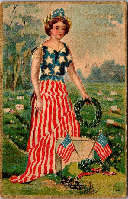 Decoration Day Greetings - Lady Liberty with flags laying wreath at memorial