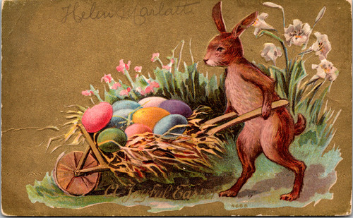 Rabbit bunny pushing cart of colorful eggs through field of flowers on gold background