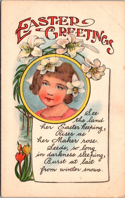 Easter Greetings young girl flowers in hair poem