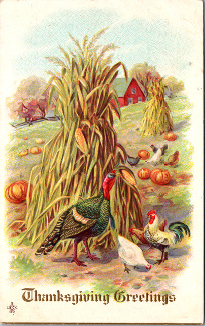 Thanksgiving Greetings Turkey Chickens Corn Shocks Farm Scene
