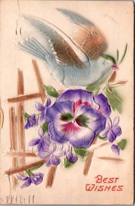 Heavy emboss bird and violets best wishes 1910 Toledo