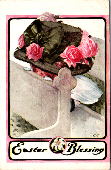 Young girl in giant easter bonnet praying in pew  (42-970)