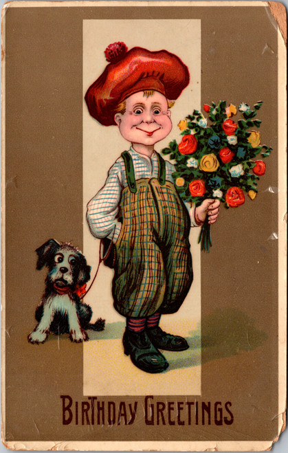 Birthday Greetings comic style boy with dog holding flowers