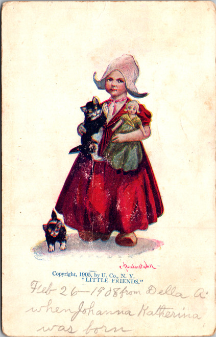Little Friends - Dutch girl holding doll and cat Little Friends - Dutch girl holding doll and cat