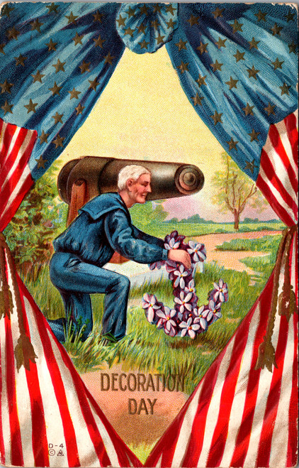 Decoration Day Navy Soldier places flower anchor flag border cannon