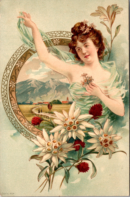 Beautfiful Art Nouveau Woman with Edelweiss & Alpine Scene