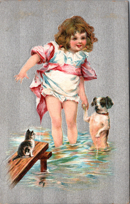 Girl in water with dog and cat Girl in water with dog and cat