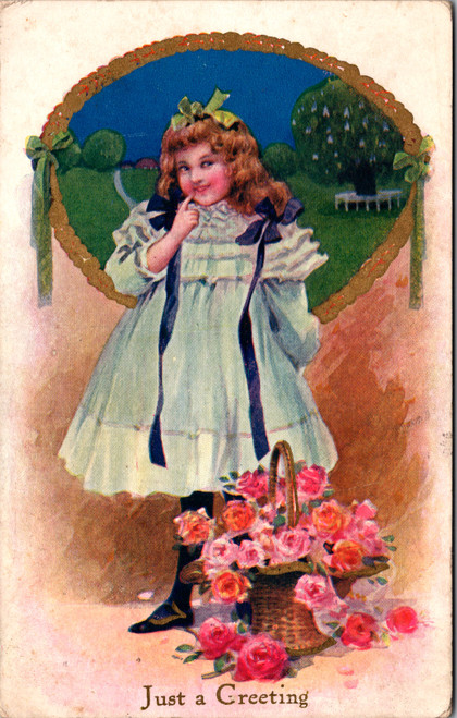 Just a Greeting - girl with coquettish smile and basket of roses Just a Greeting - girl with coquettish smile and basket of roses