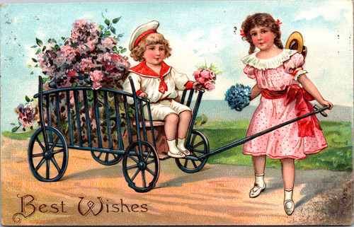 Best Wishes Girl pulling Boy in cart of flowers
