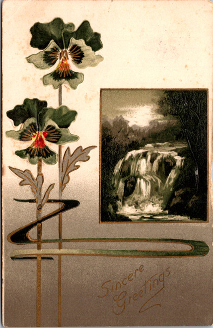 Sincere Greetings - Pansy flowers and waterfall scene