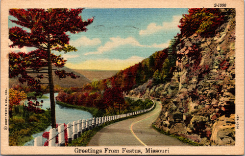 Greetings from Festus Missouri - highway along river scene