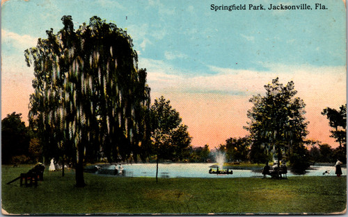 Springfield Park - oak tree spanish moss boat on pond by fountain