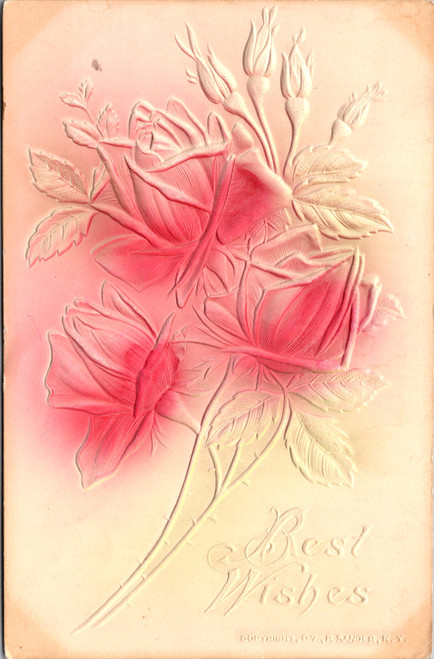 Best Wishes embossed airbrush roses 1907 P. Sander Best Wishes embossed airbrush roses 1907 P. Sander
