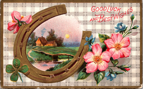 Good Luck Best Wishes flowers horseshoe shamrock homestead scene Good Luck Best Wishes flowers horseshoe shamrock homestead scene