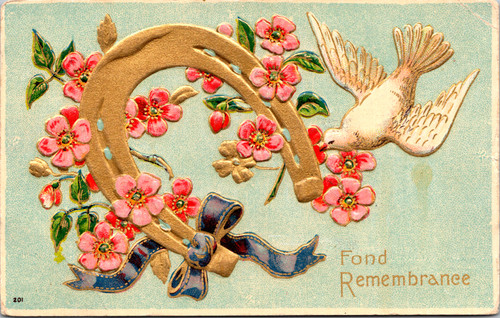 Fond Remembrance  Embossed Horseshoe, Pink Blossoms & Dove