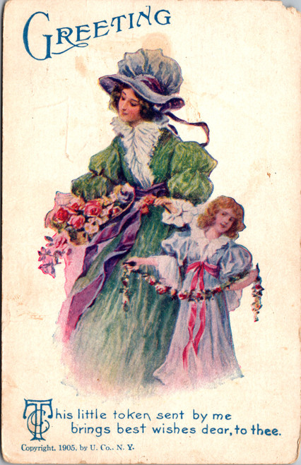 Greeting  1905 U. Co. NY Edwardian Lady & Child with Flowers