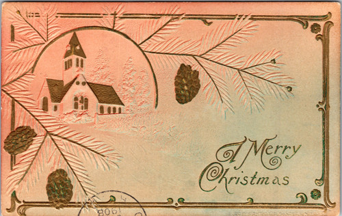 A Merry Christmas - embossed Church in Snow with Pine Cones