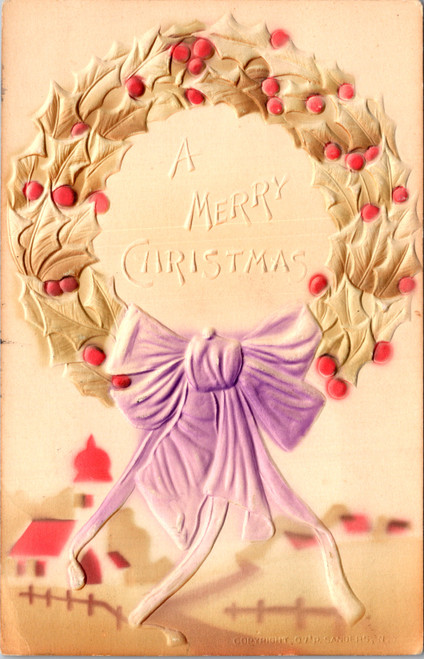 A Merry Christmas - holly wreath with lavender bow embossed