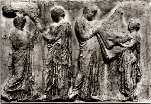 British Museum picture of Pirestess setting seats for the Gods East frieze of Parthenon